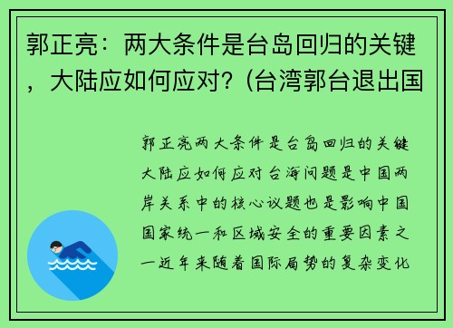 郭正亮：两大条件是台岛回归的关键，大陆应如何应对？(台湾郭台退出国民党)